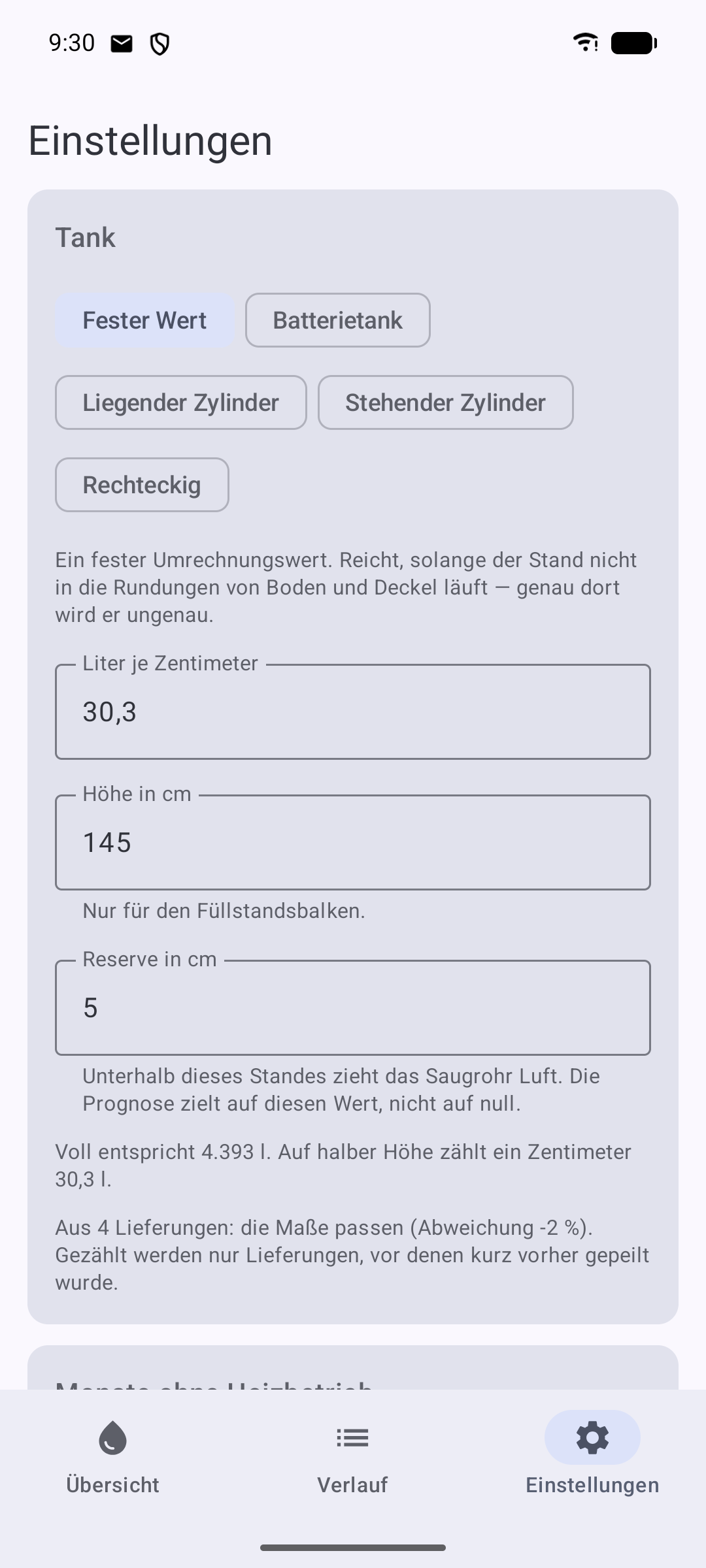 Einstellungen zur Tankform